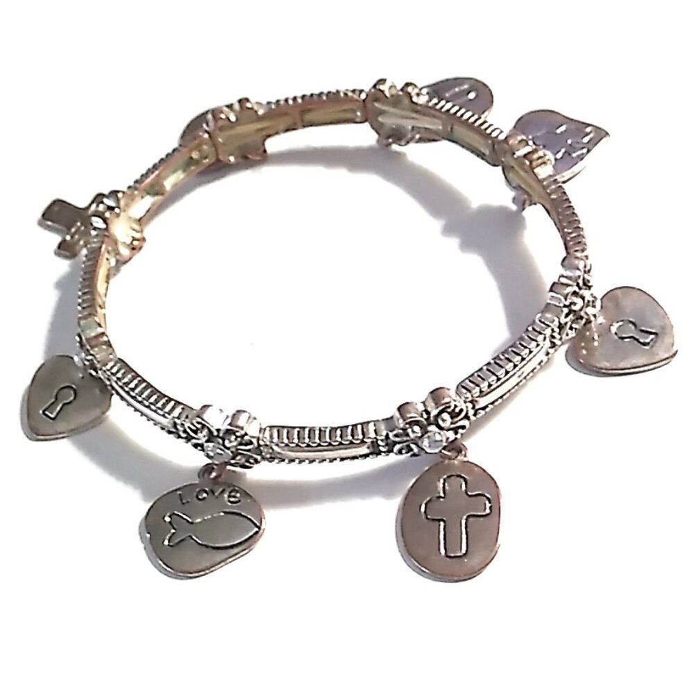 Inspirational Cross, Heart, Fish Stretch Silver-tone Charm Bracelet